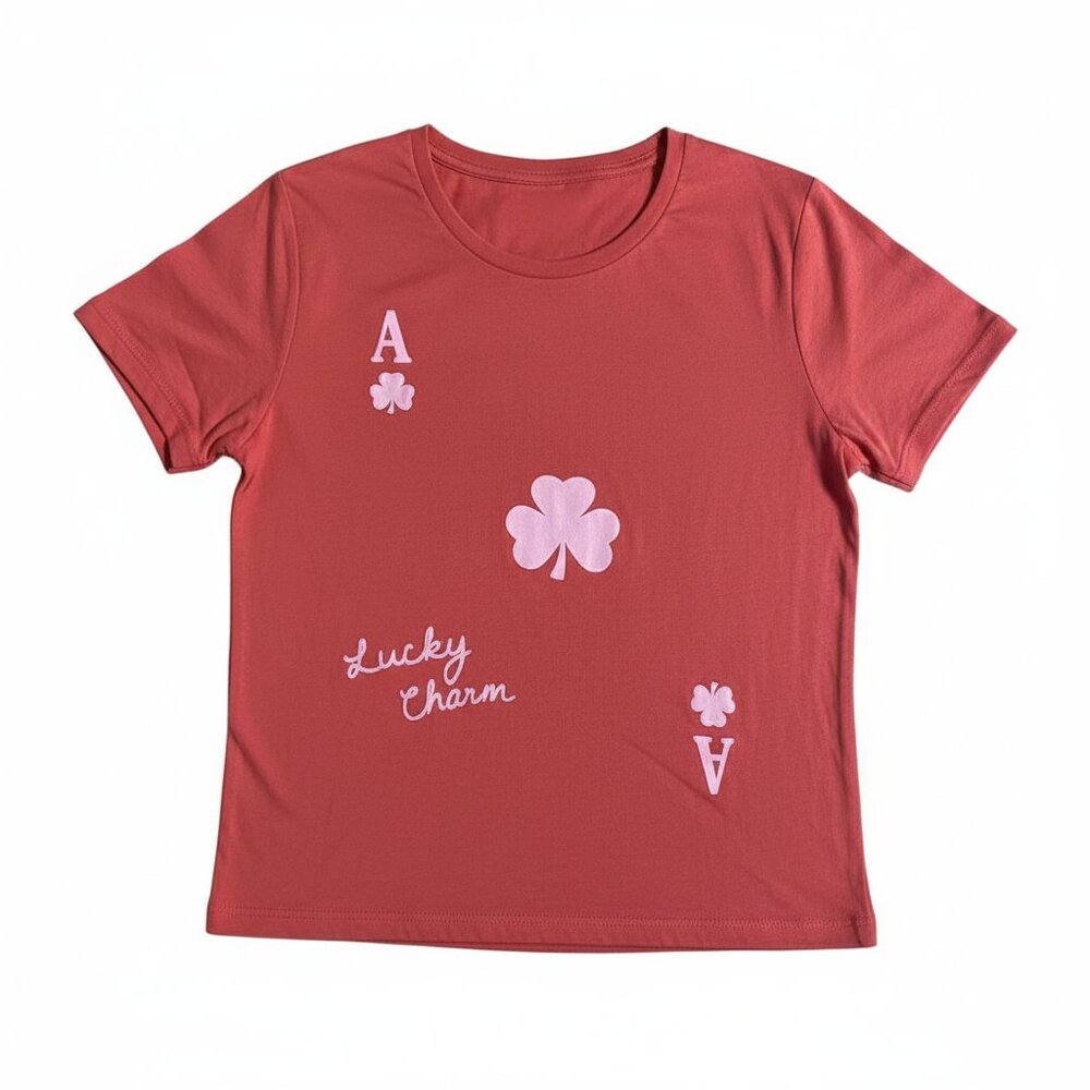 Vinyl Threads Women's Baby T-Shirt Lucky Charm Ace of Clubs Graphic Red/Pink NWT